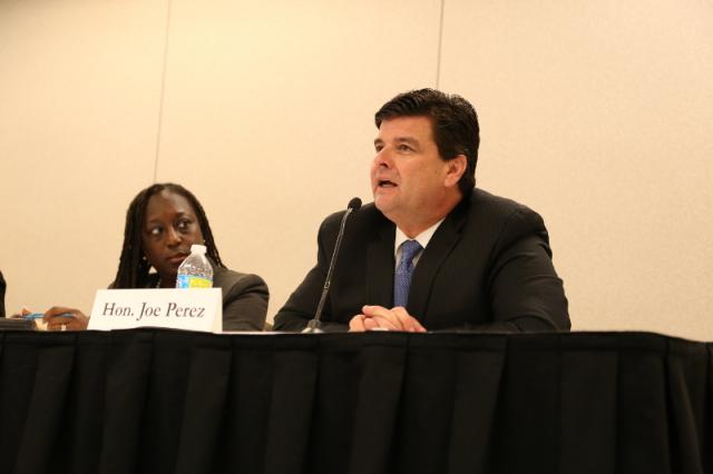 Judge
        Joe Perez speaks during a panel on race and legitimacy at Community Justice 2016.