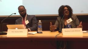 Reuben J. Miller, assistant professor of social work at the University of Michigan, and his research collaborator Hazelette Crosby-Robinson participate in a panel at "Justice Innovation in Times of Change," a regional summit.