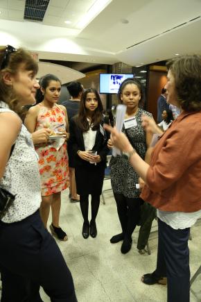 New York Police Department Deputy Commissioner Susan Herman (right) and Raye Barbieri of the Center for Court Innovation (left) speak with Youth Justice Board members Gabriella, 17, Naushin, 18, and Stephanie, 15.