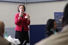 Courtney Bryan, speaking at a clergy breakfast outreach event for the Lippman Commission in the Bronx in January 2017.