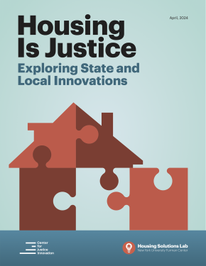 A red house made of puzzle pieces on a blue background, with title "Housing Is Justice: Exploring State and Local Innovations" on top