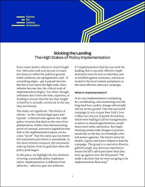 Cover for "Sticking the Landing," blue box at the top. In the box: yellow illustrative bars on the right and the Center's logo on the left in yellow. Body text of the document underneath.