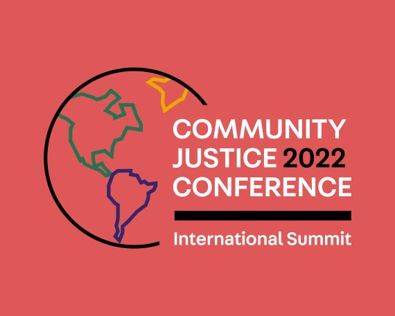 Community Justice 2022 Conference: International Summit (white text on red background, with black outlined globe to left of text)