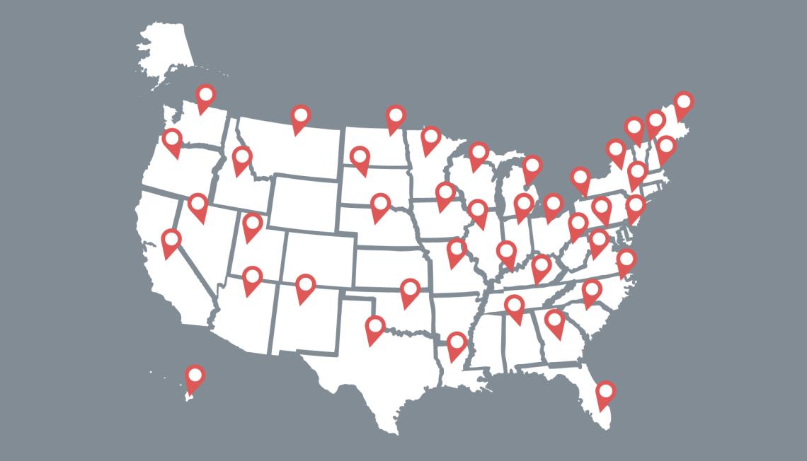 White map with red pins in 42 states where the Center has worked in the past year